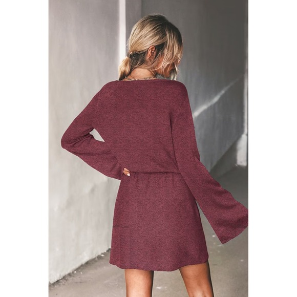 Cupshe Choir Shirt Mini Sweater Dress Sz S Bell Sleeves Faux Wrap Burgundy NWT - Picture 2 of 16